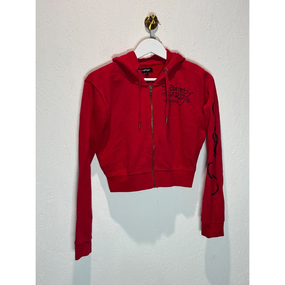 Ed Hardy Red Cropped Zip Up Hoodie Panther Tattoo Graphic Y2K Women Large